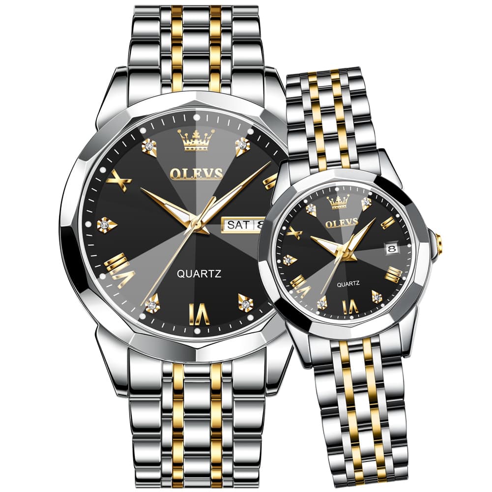 OLEVS 9931 Diamond Stainless Steel Couple Watch Set - Matching Two-Tone Black Watch | Olevs Watch Store
