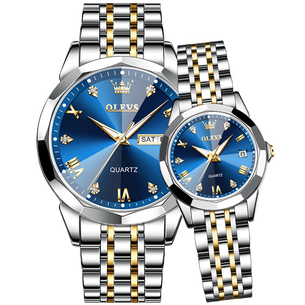 OLEVS 9931 Diamond Stainless Steel Couple Watch Set - Matching Two-Tone Blue Watch | Olevs Watch Store