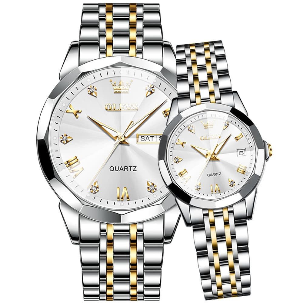 OLEVS 9931 Diamond Stainless Steel Couple Watch Set - Matching Two-Tone White Watch | Olevs Watch Store