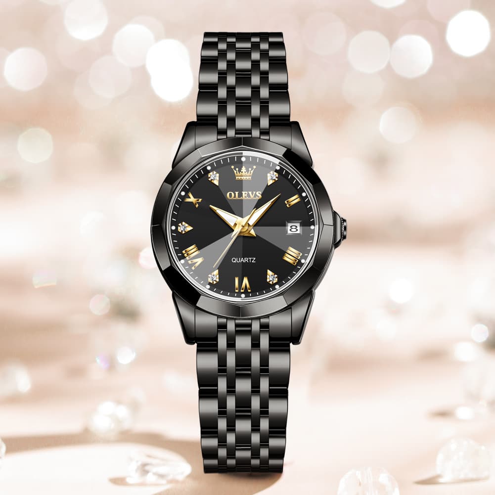 OLEVS 9931 Elegant Diamond Stainless Steel Quartz Watch for Women - All Black Watch | Olevs Watch Store