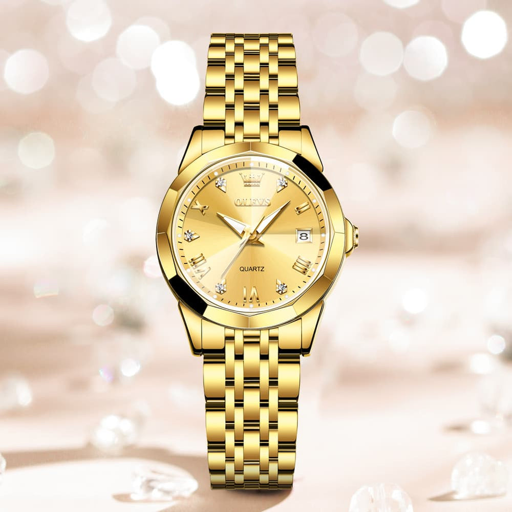 OLEVS 9931 Elegant Diamond Stainless Steel Quartz Watch for Women - All Gold Watch | Olevs Watch Store