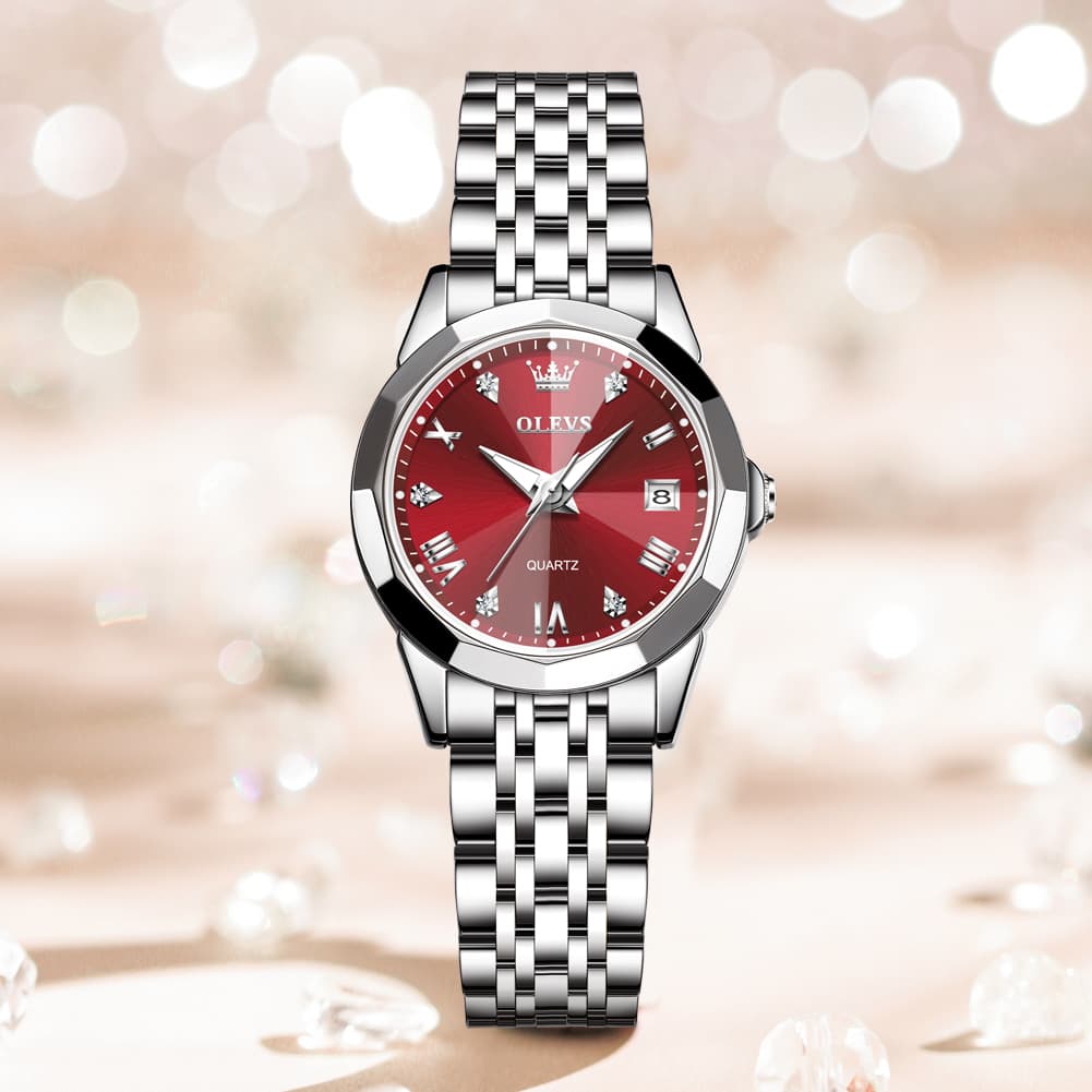 OLEVS 9931 Elegant Diamond Stainless Steel Quartz Watch for Women - Burgundy Red Watch | Olevs Watch Store