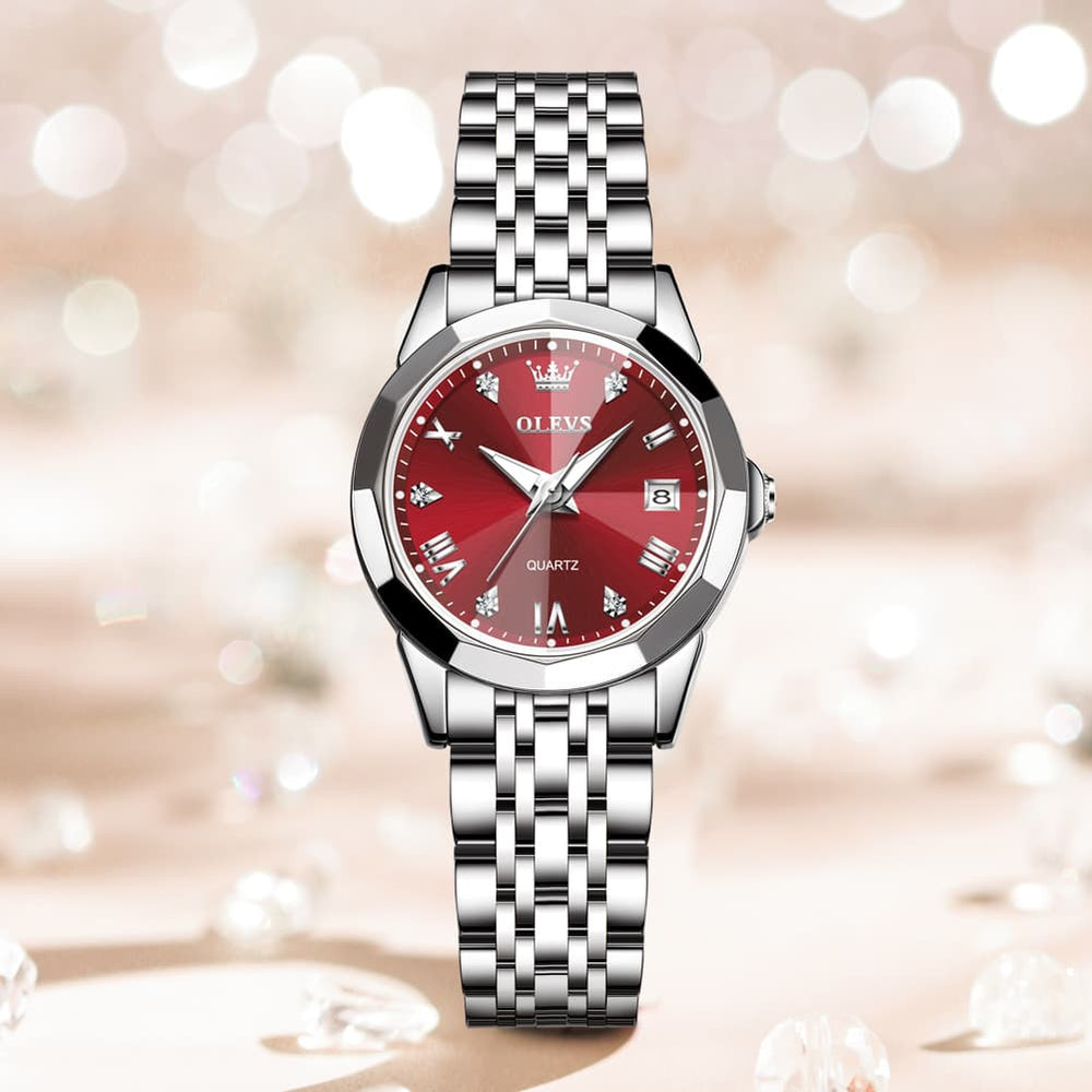 OLEVS 9931 Elegant Diamond Stainless Steel Quartz Watch for Women - Burgundy Red Watch | Olevs Watch Store