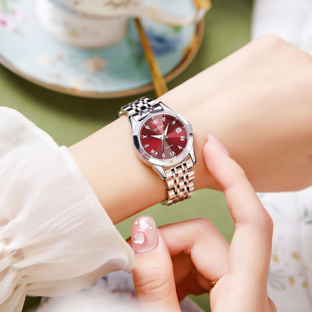 OLEVS 9931 Elegant Diamond Stainless Steel Quartz Watch for Women - Rose Pink Watch | Olevs Watch Store