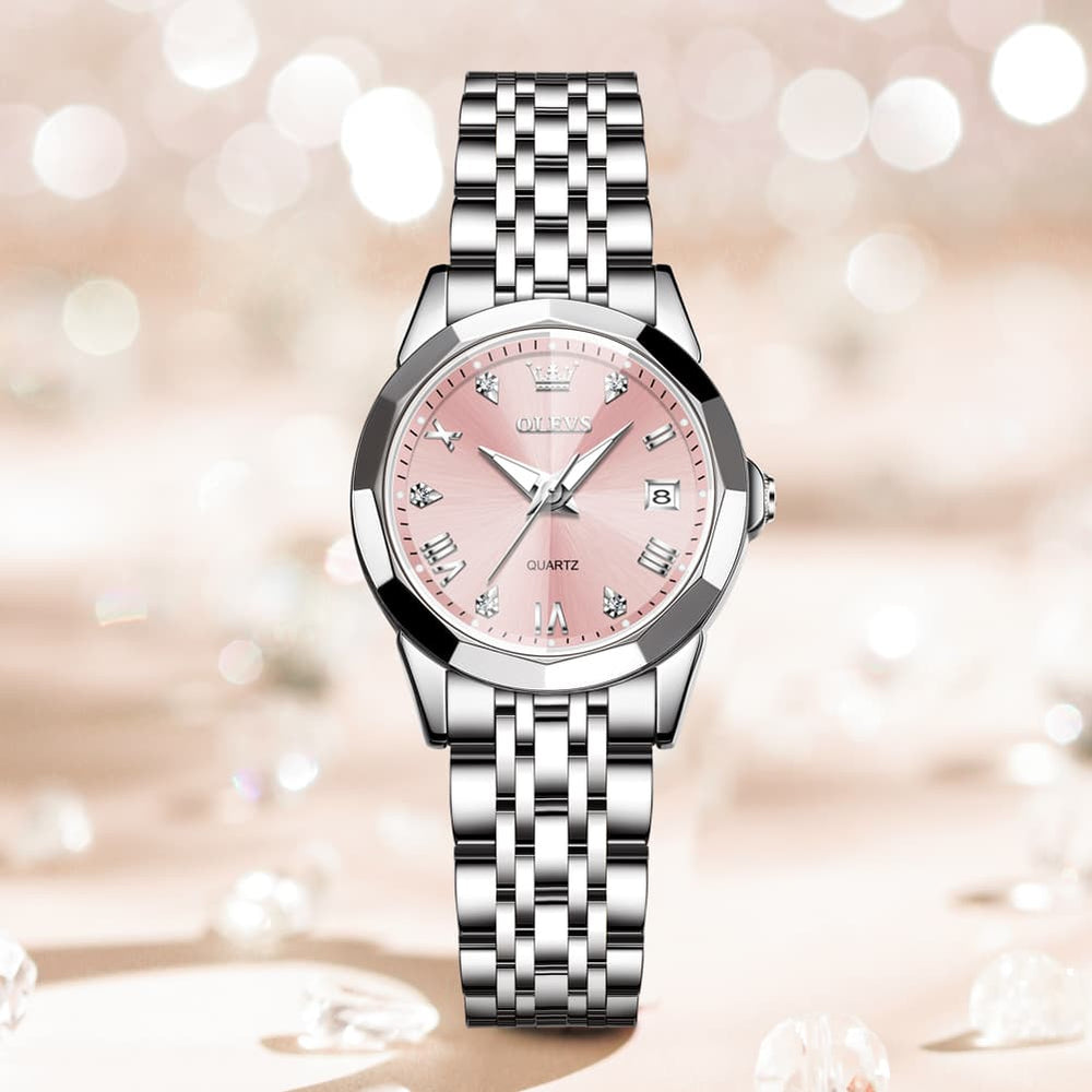 OLEVS 9931 Elegant Diamond Stainless Steel Quartz Watch for Women - Rose Pink Watch | Olevs Watch Store