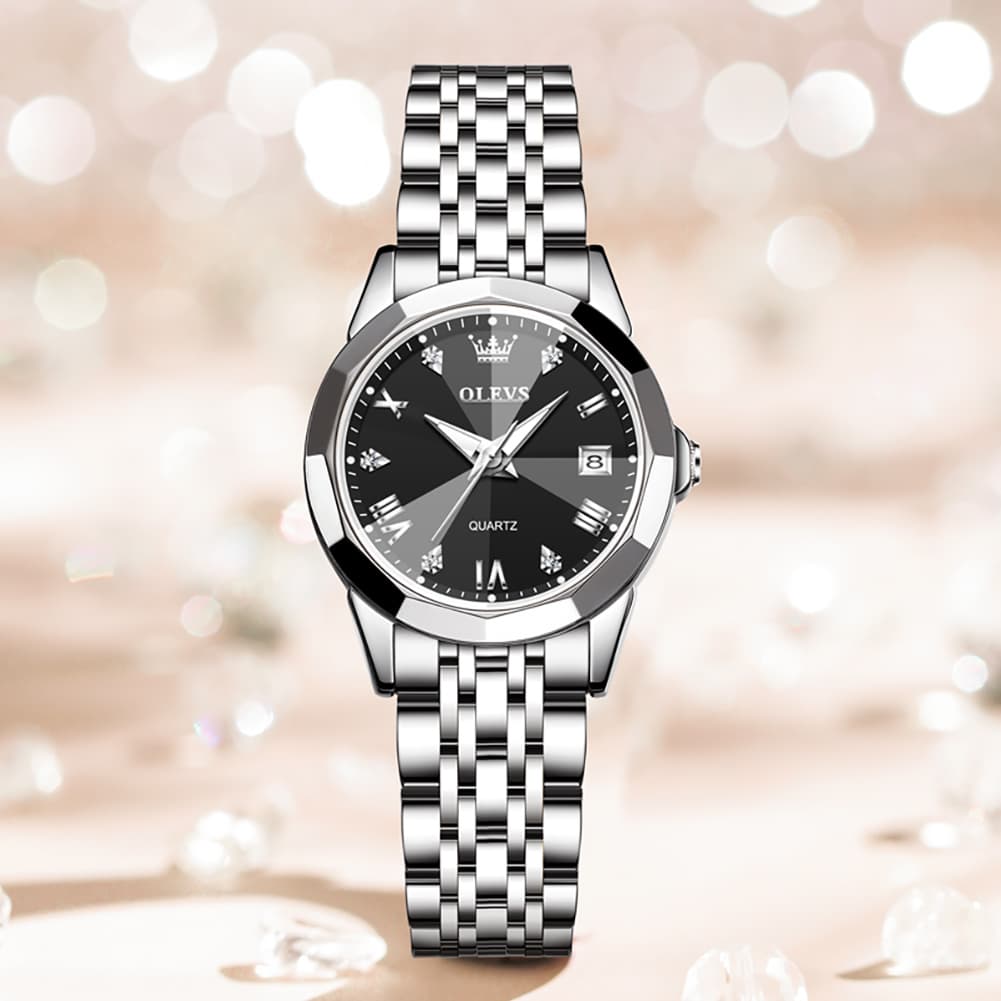 OLEVS 9931 Elegant Diamond Stainless Steel Quartz Watch for Women - Silver Black Watch | Olevs Watch Store