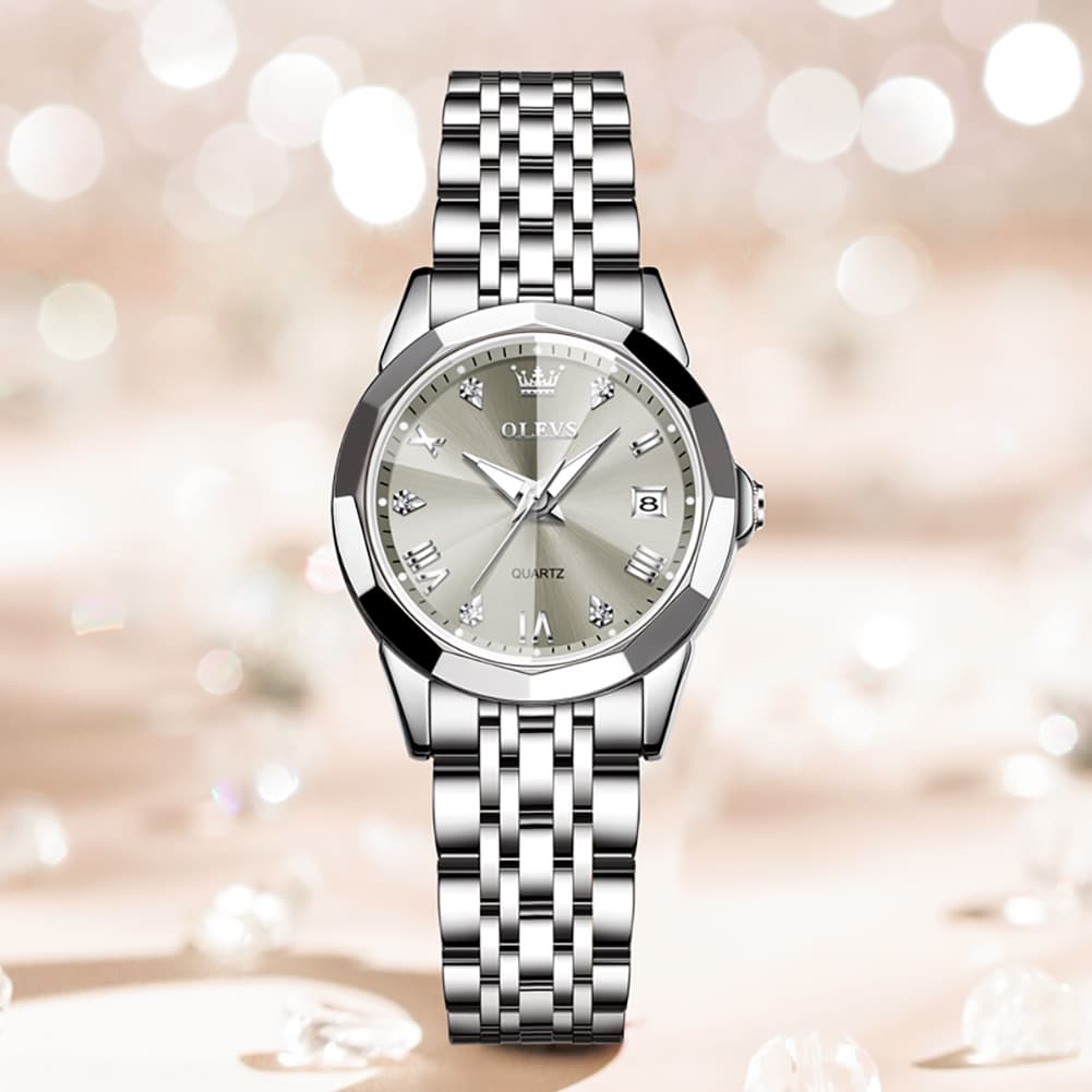 OLEVS 9931 Elegant Diamond Stainless Steel Quartz Watch for Women - Silver Grey Watch | Olevs Watch Store