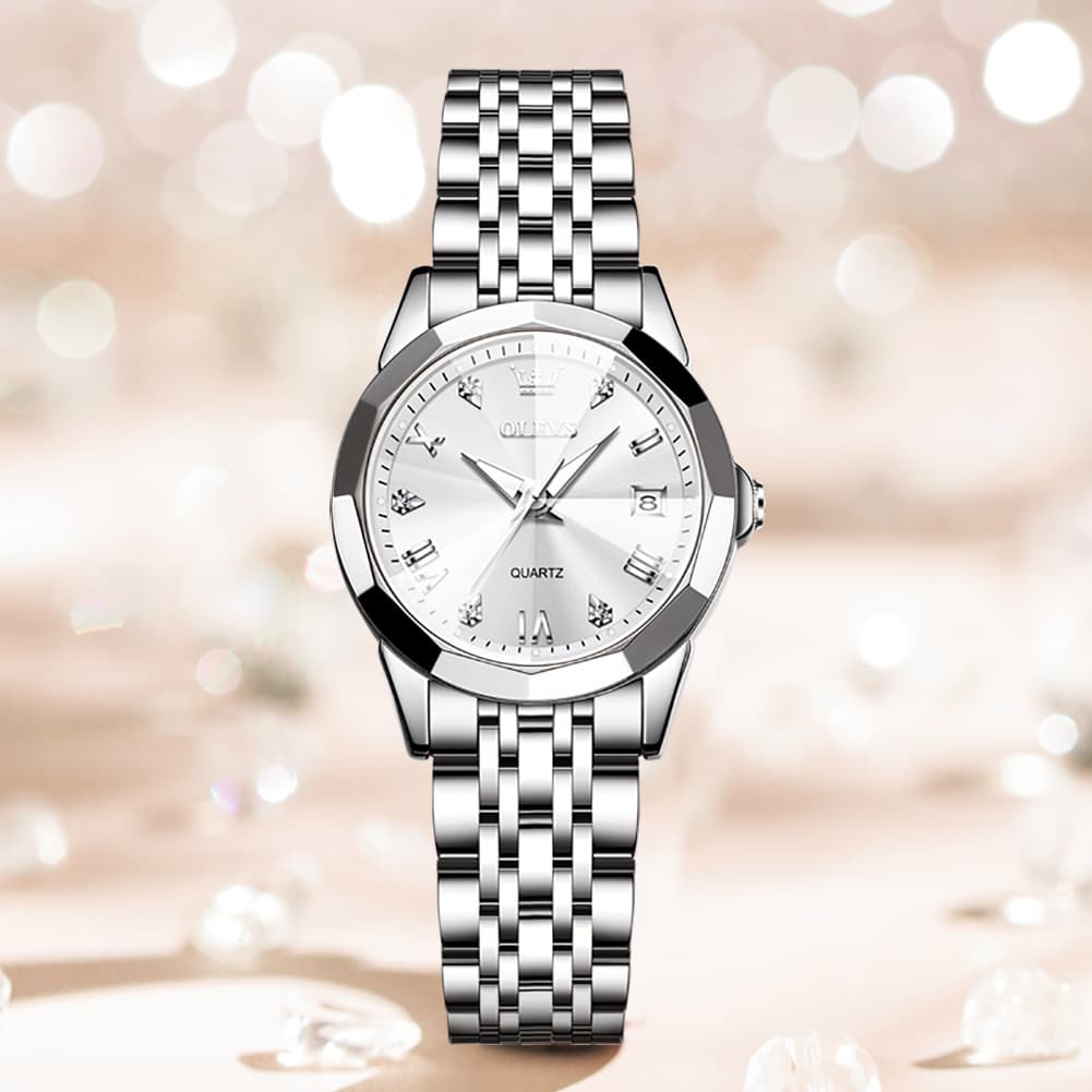 OLEVS 9931 Elegant Diamond Stainless Steel Quartz Watch for Women - Silver White Watch | Olevs Watch Store