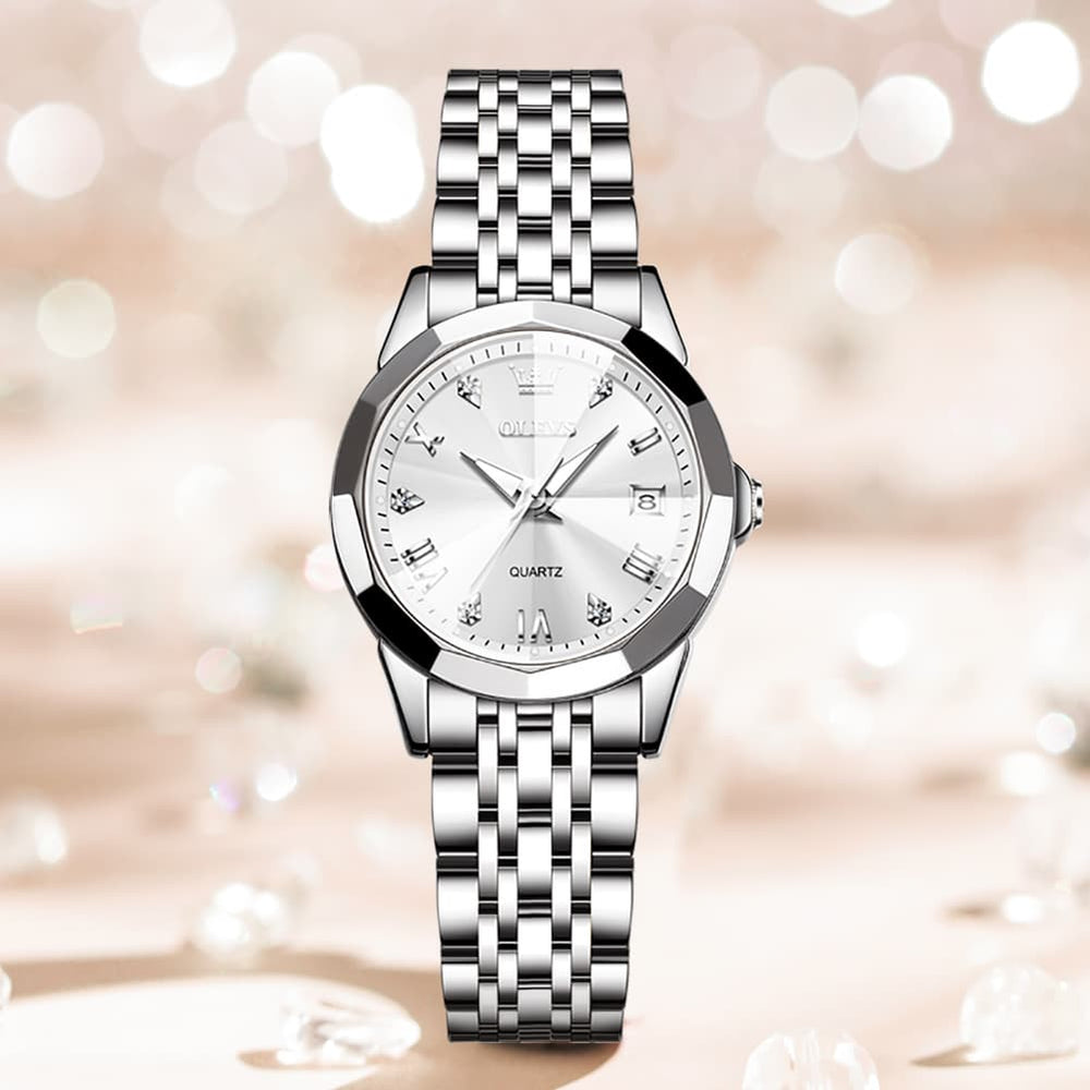 OLEVS 9931 Elegant Diamond Stainless Steel Quartz Watch for Women - Silver White Watch | Olevs Watch Store