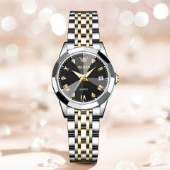 OLEVS 9931 Elegant Diamond Stainless Steel Quartz Watch for Women - Two-Tone Black Watch | Olevs Watch Store