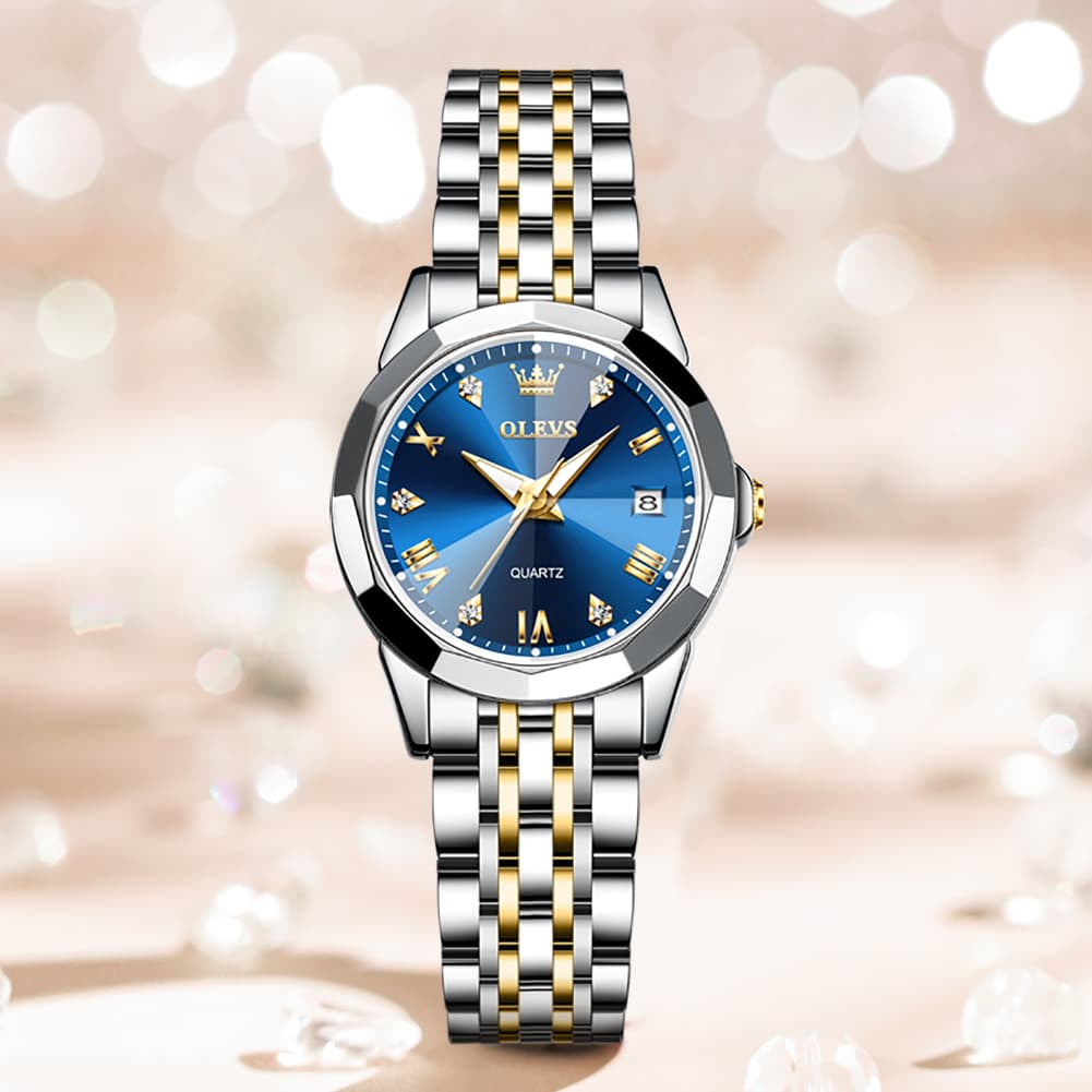 OLEVS 9931 Elegant Diamond Stainless Steel Quartz Watch for Women - Two-Tone Blue Watch | Olevs Watch Store