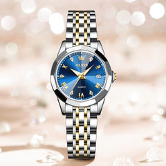 OLEVS 9931 Elegant Diamond Stainless Steel Quartz Watch for Women - Two-Tone Blue Watch | Olevs Watch Store