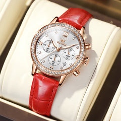 OLEVS 9933 Crystal Bezel Chronograph Leather Watch for Women - Rose Gold Red Leather Watch | Olevs Watch Store