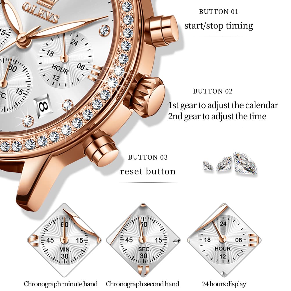 OLEVS 9933 Crystal Bezel Chronograph Leather Watch for Women - Silver Red Leather Watch | Olevs Watch Store