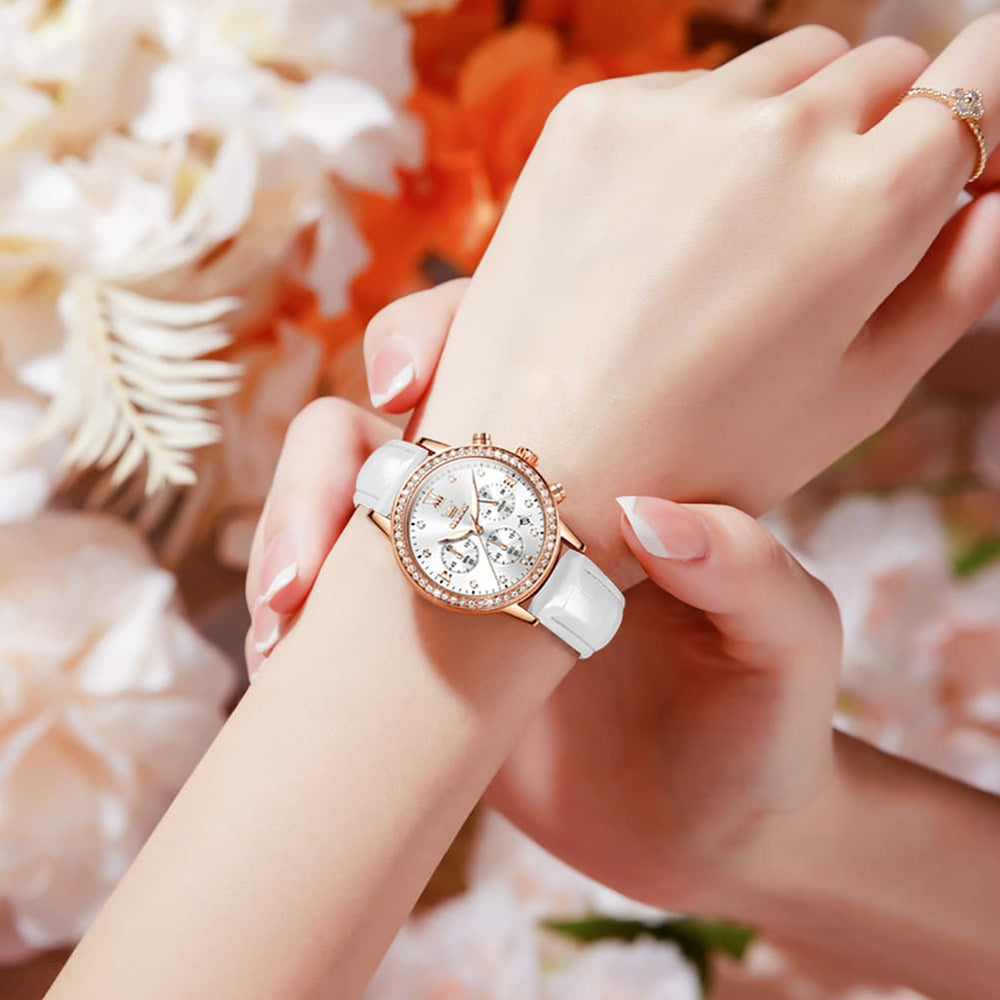 OLEVS 9933 Crystal Bezel Chronograph Leather Watch for Women - Silver Red Leather Watch | Olevs Watch Store