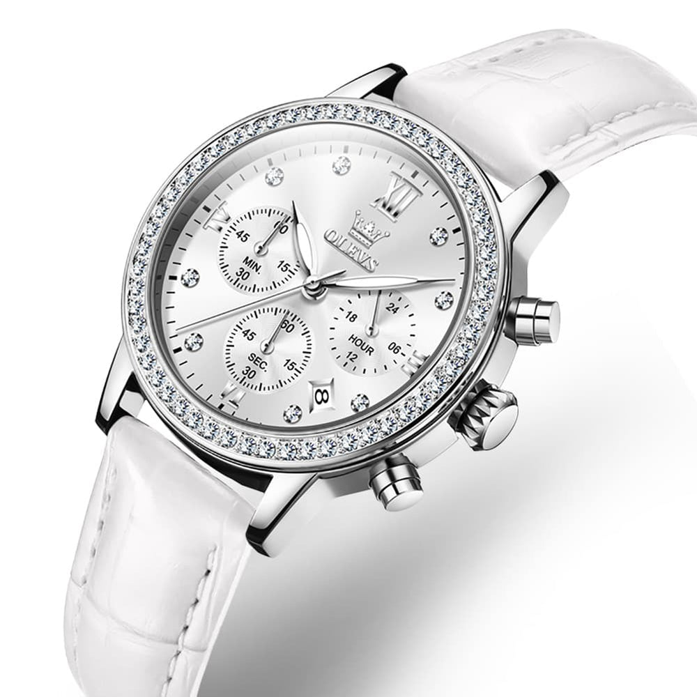 OLEVS 9933 Crystal Bezel Chronograph Leather Watch for Women - Silver Red Leather Watch | Olevs Watch Store