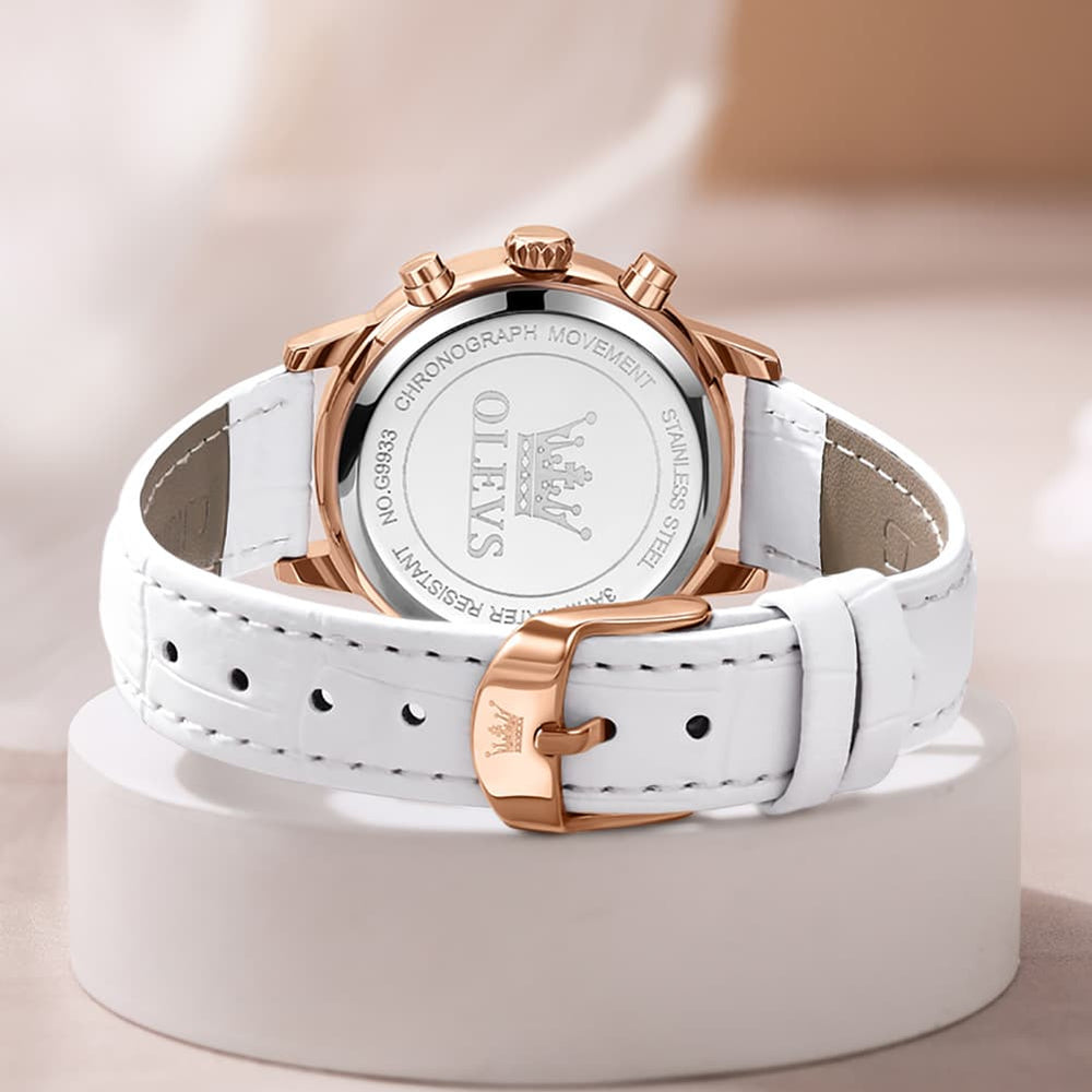 OLEVS 9933 Crystal Bezel Chronograph Leather Watch for Women - Silver Red Leather Watch | Olevs Watch Store