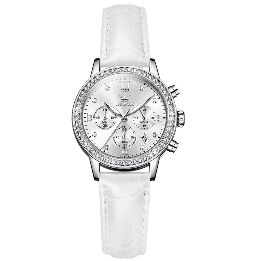 OLEVS 9933 Crystal Bezel Chronograph Leather Watch for Women - Silver Red Leather Watch | Olevs Watch Store