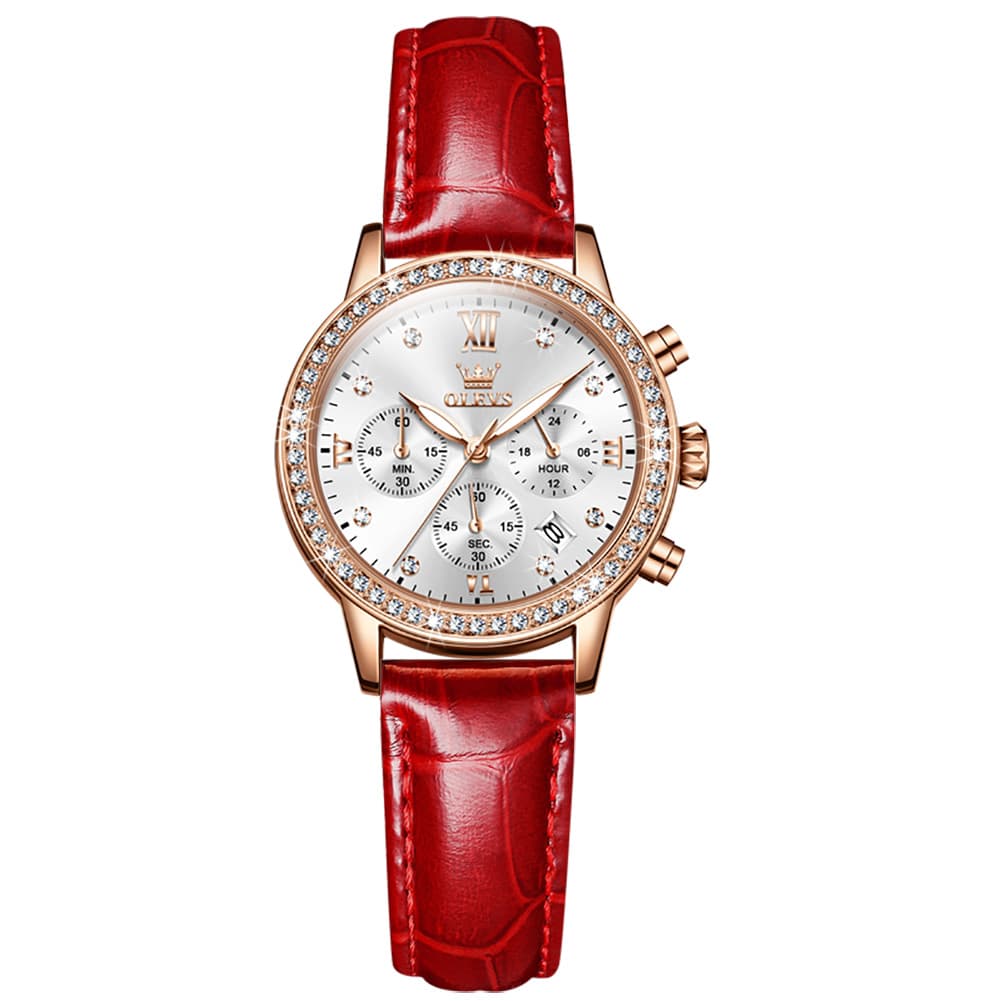 OLEVS 9933 Crystal Bezel Chronograph Leather Watch for Women - Silver Red Leather Watch | Olevs Watch Store