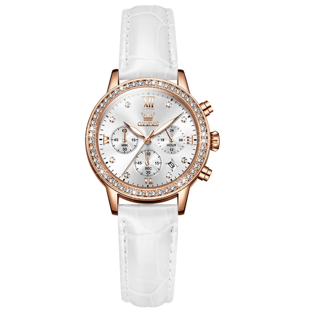 OLEVS 9933 Crystal Bezel Chronograph Leather Watch for Women - Silver Red Leather Watch | Olevs Watch Store