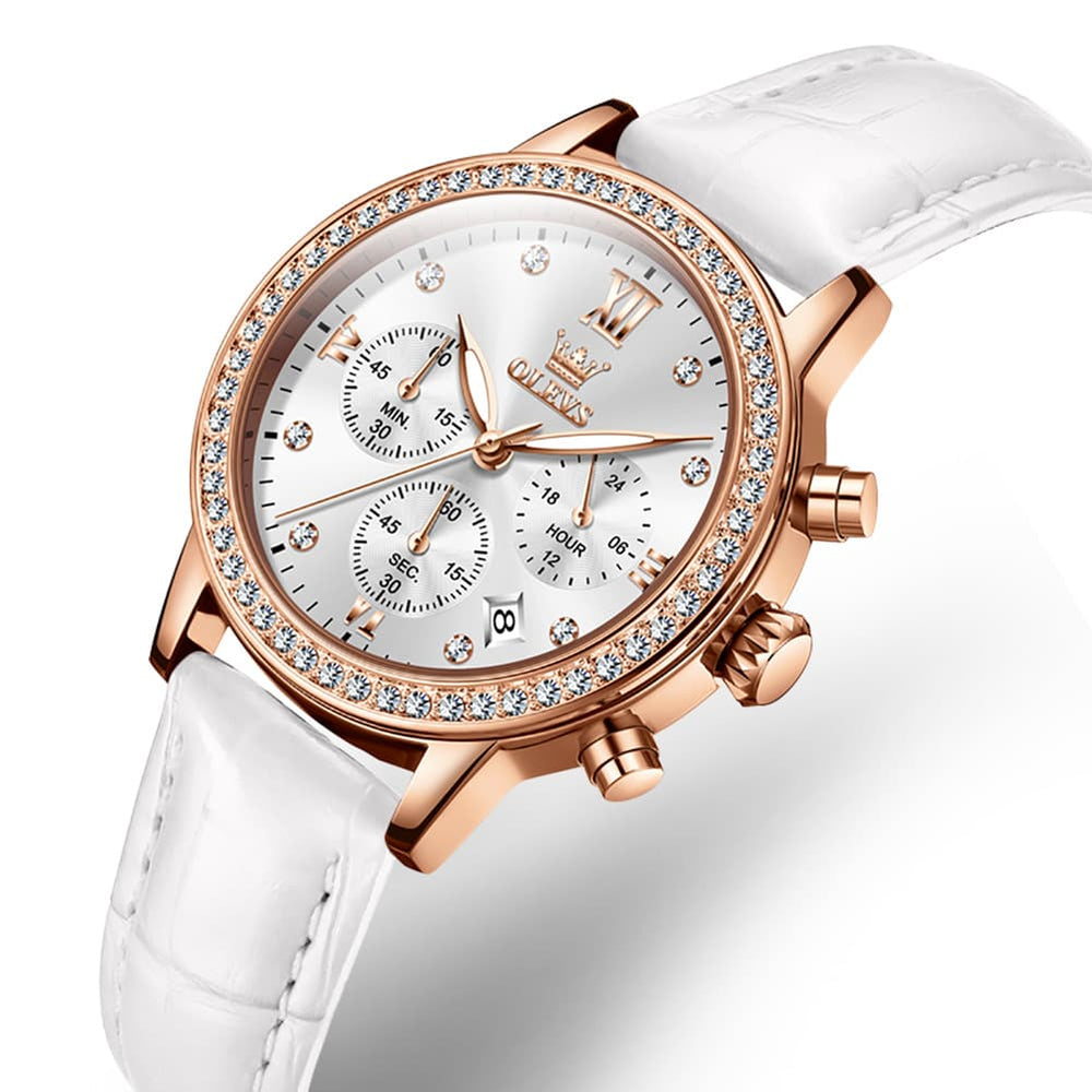 OLEVS 9933 Crystal Bezel Chronograph Leather Watch for Women - Silver Red Leather Watch | Olevs Watch Store