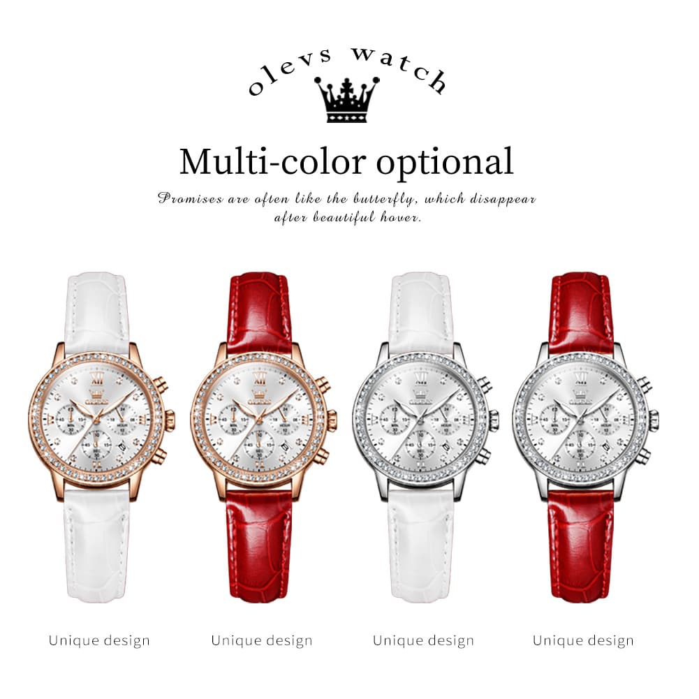 OLEVS 9933 Crystal Bezel Chronograph Leather Watch for Women - Silver Red Leather Watch | Olevs Watch Store