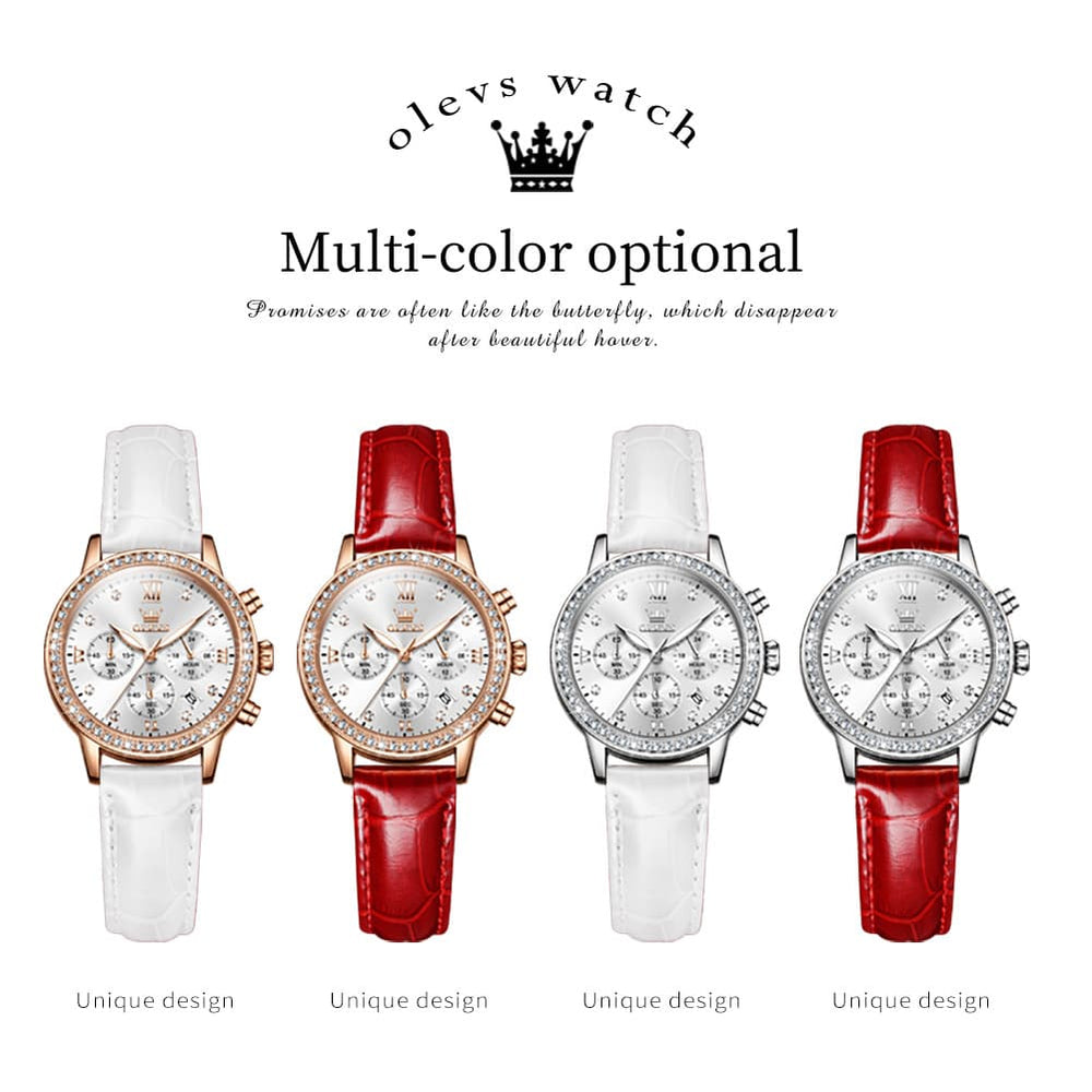 OLEVS 9933 Crystal Bezel Chronograph Leather Watch for Women - Silver Red Leather Watch | Olevs Watch Store