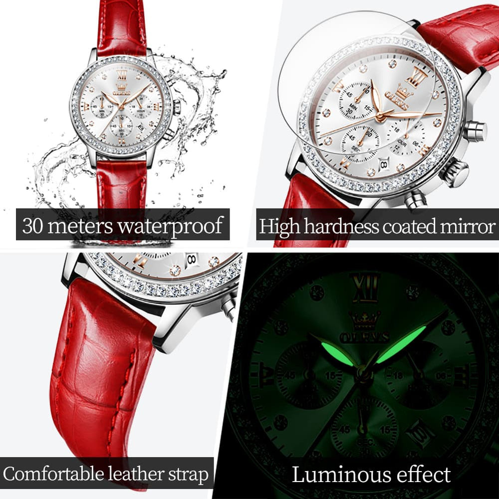 OLEVS 9933 Crystal Bezel Chronograph Leather Watch for Women - Silver Red Leather Watch | Olevs Watch Store