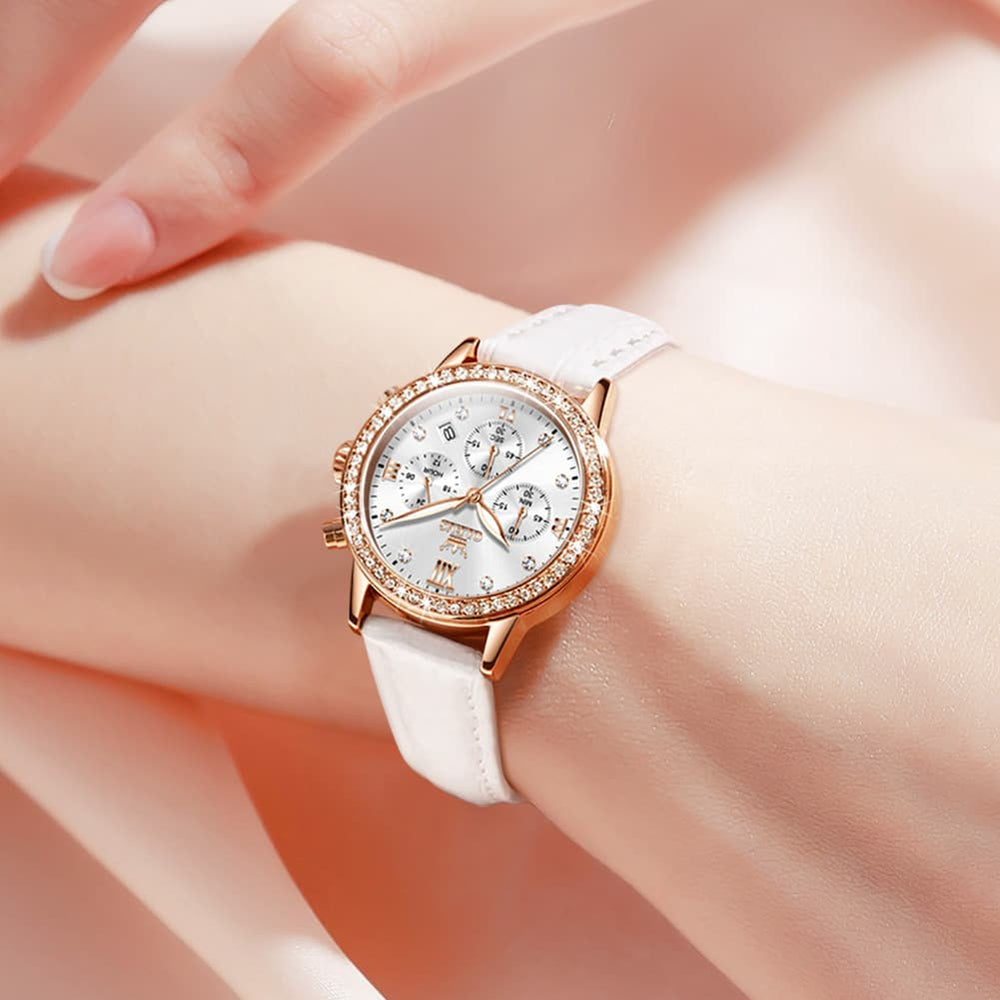 OLEVS 9933 Crystal Bezel Chronograph Leather Watch for Women - Silver Red Leather Watch | Olevs Watch Store
