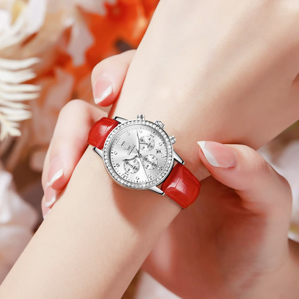 OLEVS 9933 Crystal Bezel Chronograph Leather Watch for Women - Silver Red Leather Watch | Olevs Watch Store
