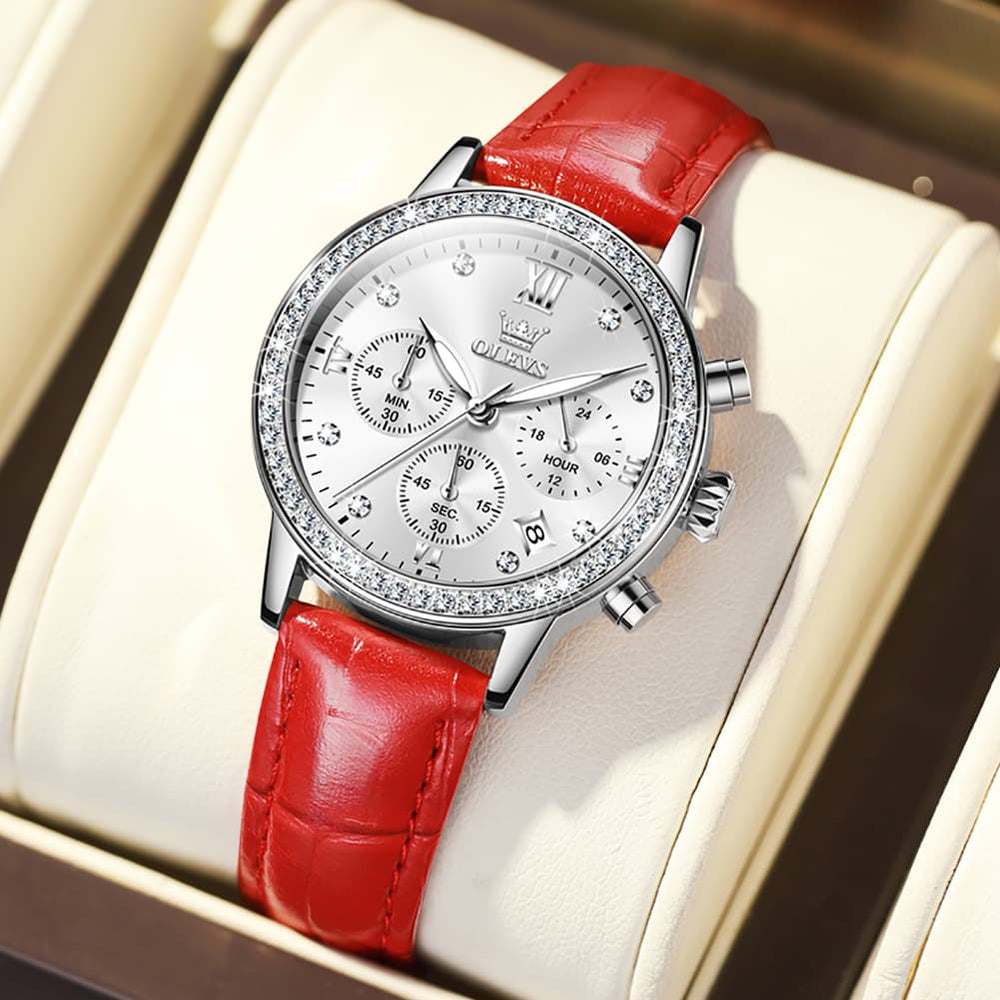 OLEVS 9933 Crystal Bezel Chronograph Leather Watch for Women - Silver Red Leather Watch | Olevs Watch Store