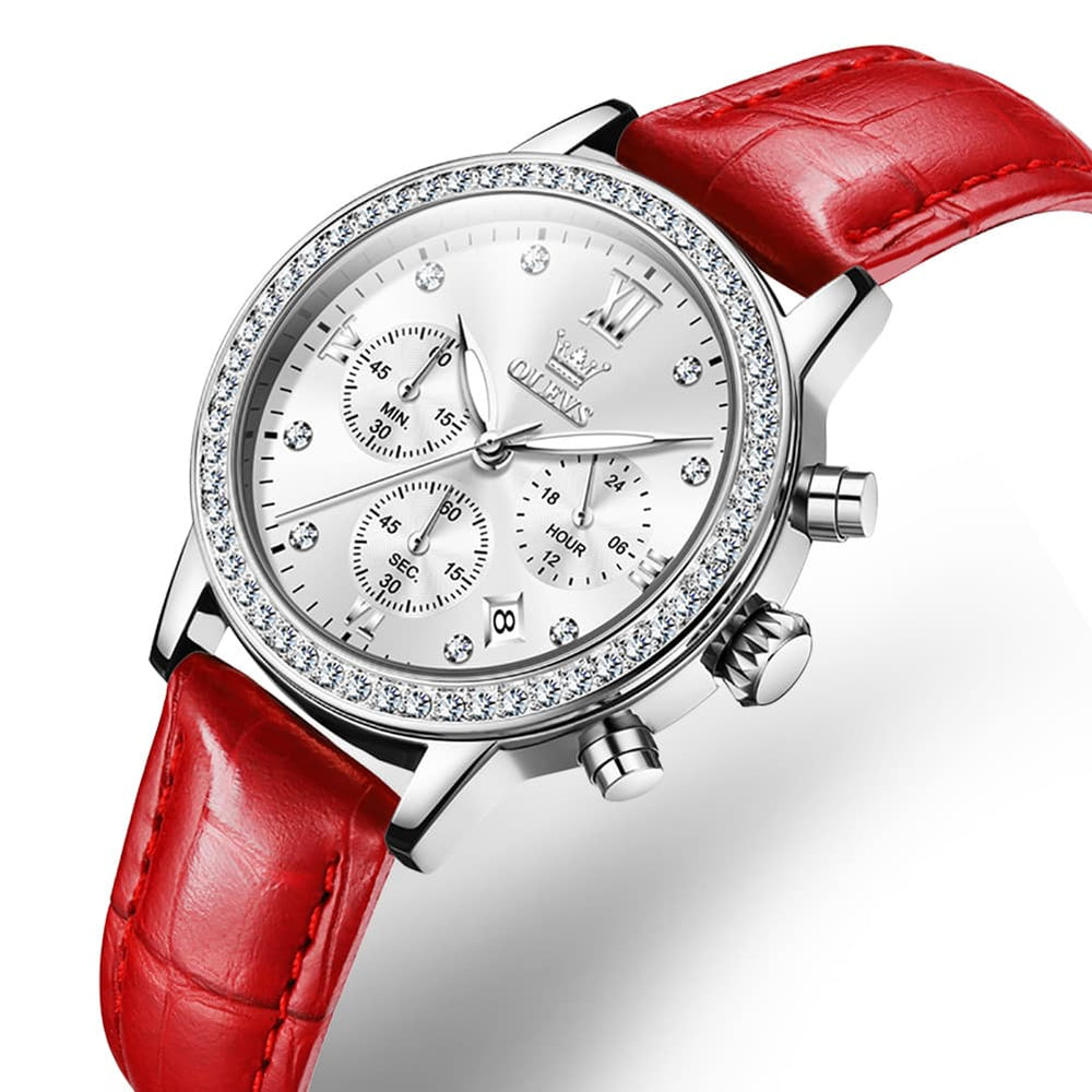 OLEVS 9933 Crystal Bezel Chronograph Leather Watch for Women - Silver Red Leather Watch | Olevs Watch Store