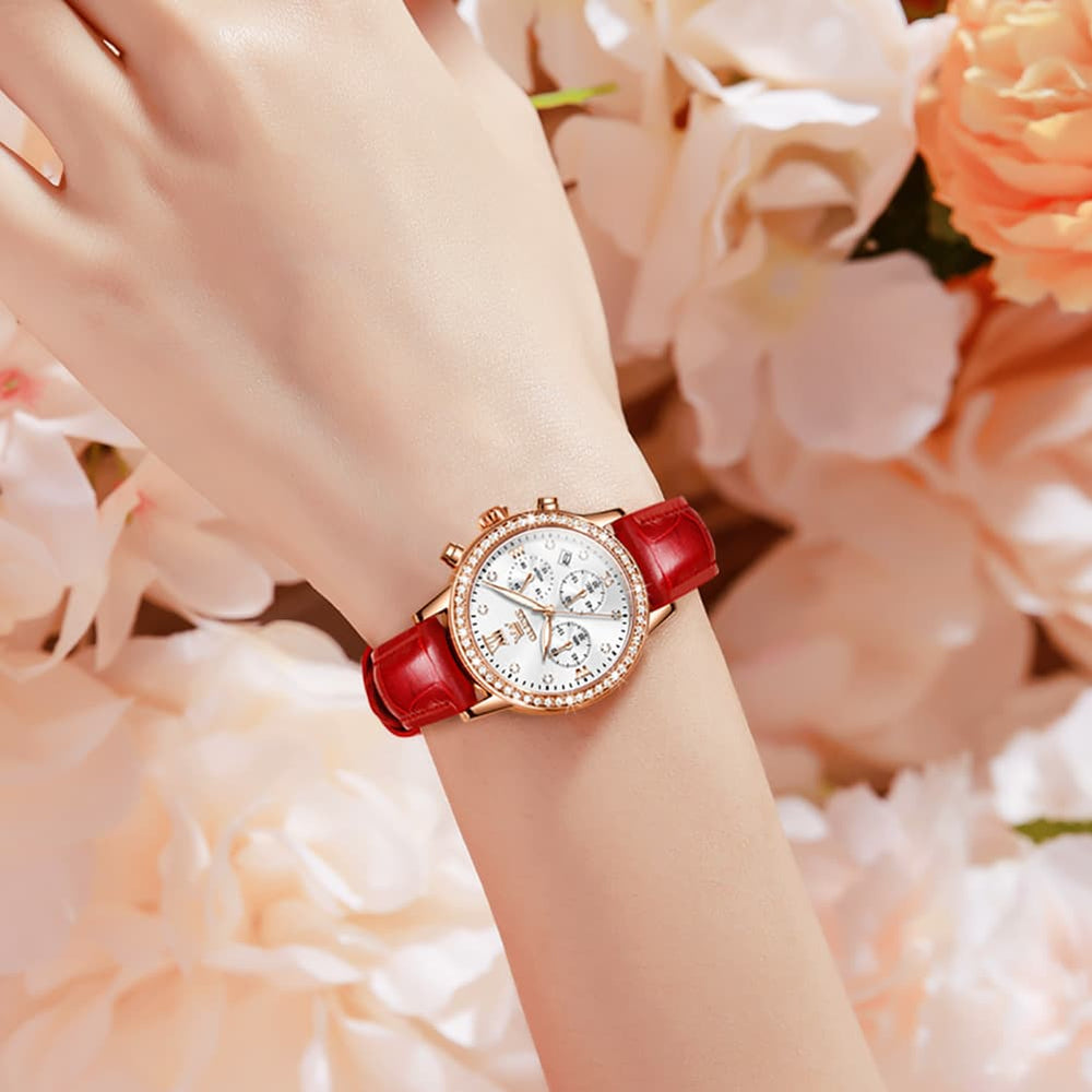 OLEVS 9933 Crystal Bezel Chronograph Leather Watch for Women - Silver Red Leather Watch | Olevs Watch Store