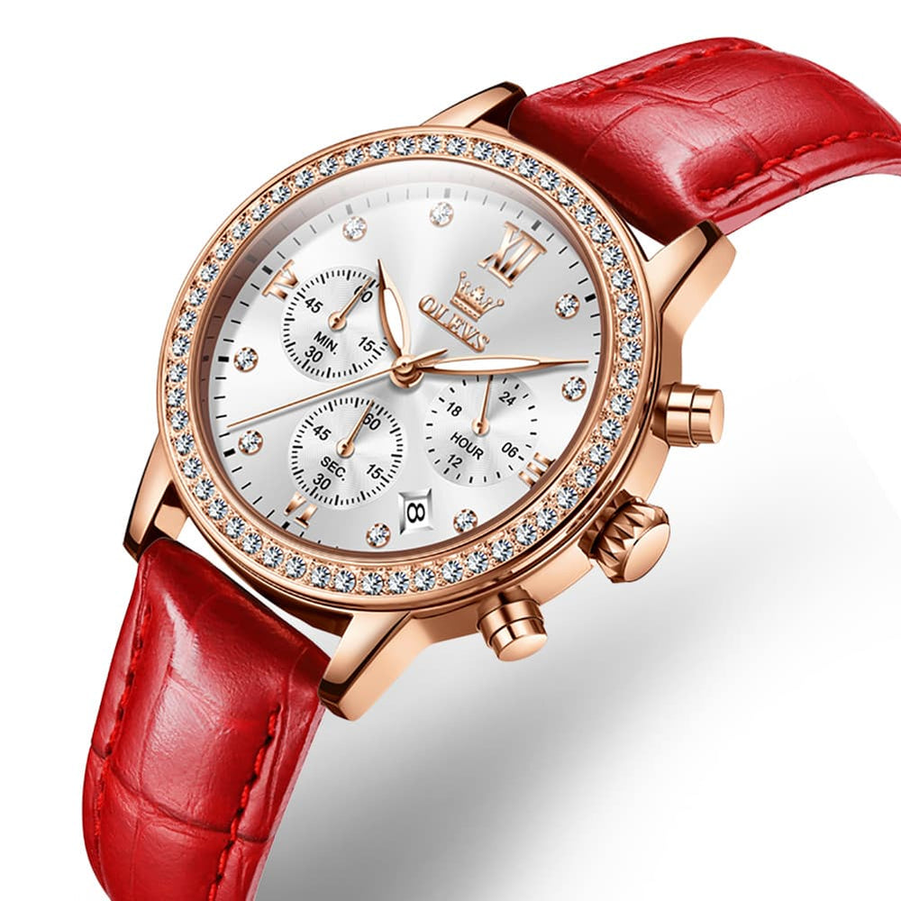 OLEVS 9933 Crystal Bezel Chronograph Leather Watch for Women - Silver Red Leather Watch | Olevs Watch Store