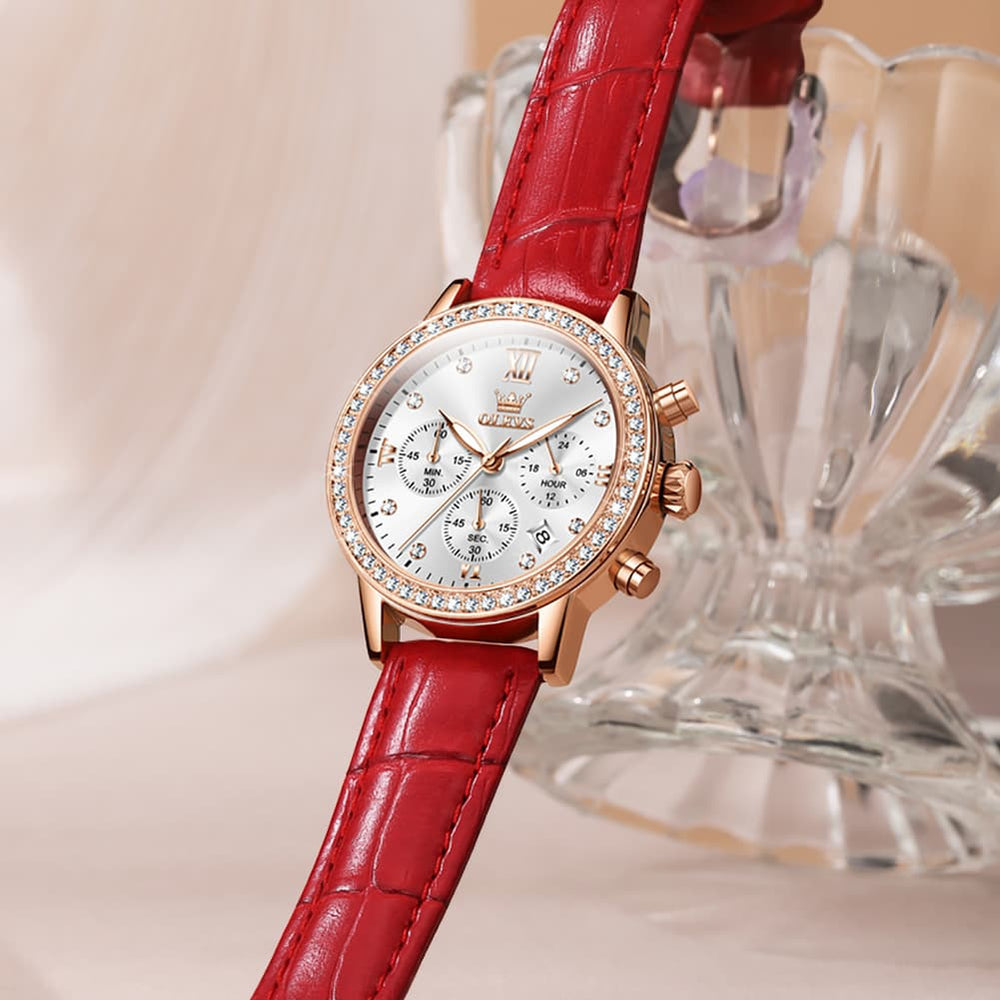 OLEVS 9933 Crystal Bezel Chronograph Leather Watch for Women - Silver Red Leather Watch | Olevs Watch Store