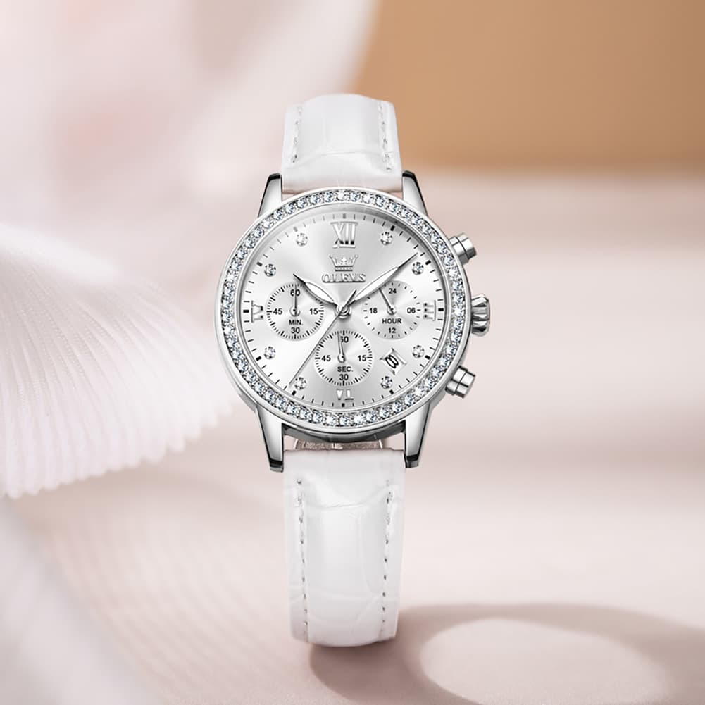 OLEVS 9933 Crystal Bezel Chronograph Leather Watch for Women - Silver Red Leather Watch | Olevs Watch Store