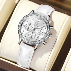 OLEVS 9933 Crystal Bezel Chronograph Leather Watch for Women - Silver White Leather Watch | Olevs Watch Store