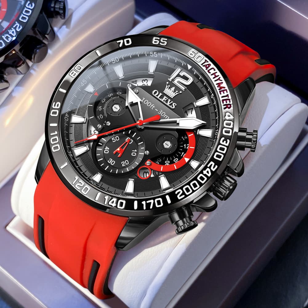 OLEVS 9936 Silicone Strap Racing Chronograph Watch for Men - Black Red Silicone Watch | Olevs Watch Store