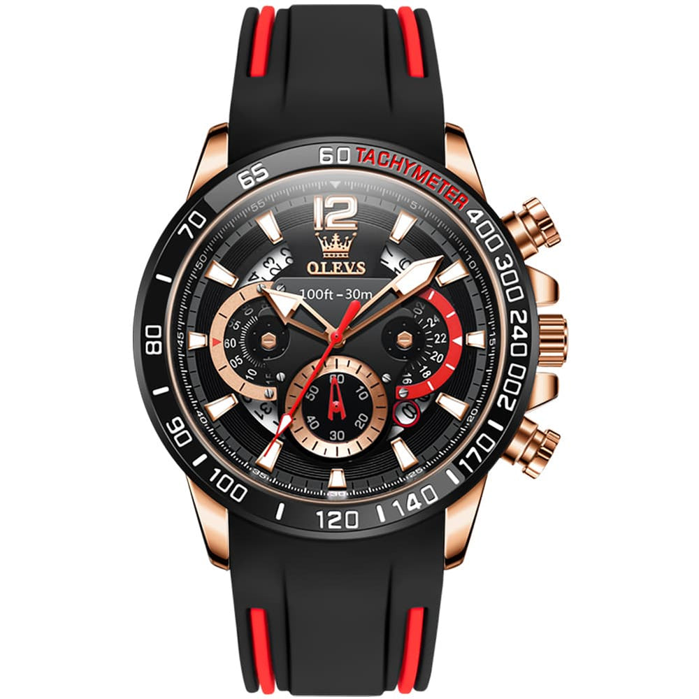 OLEVS 9936 Silicone Strap Racing Chronograph Watch for Men - Black Red Silicone Watch | Olevs Watch Store