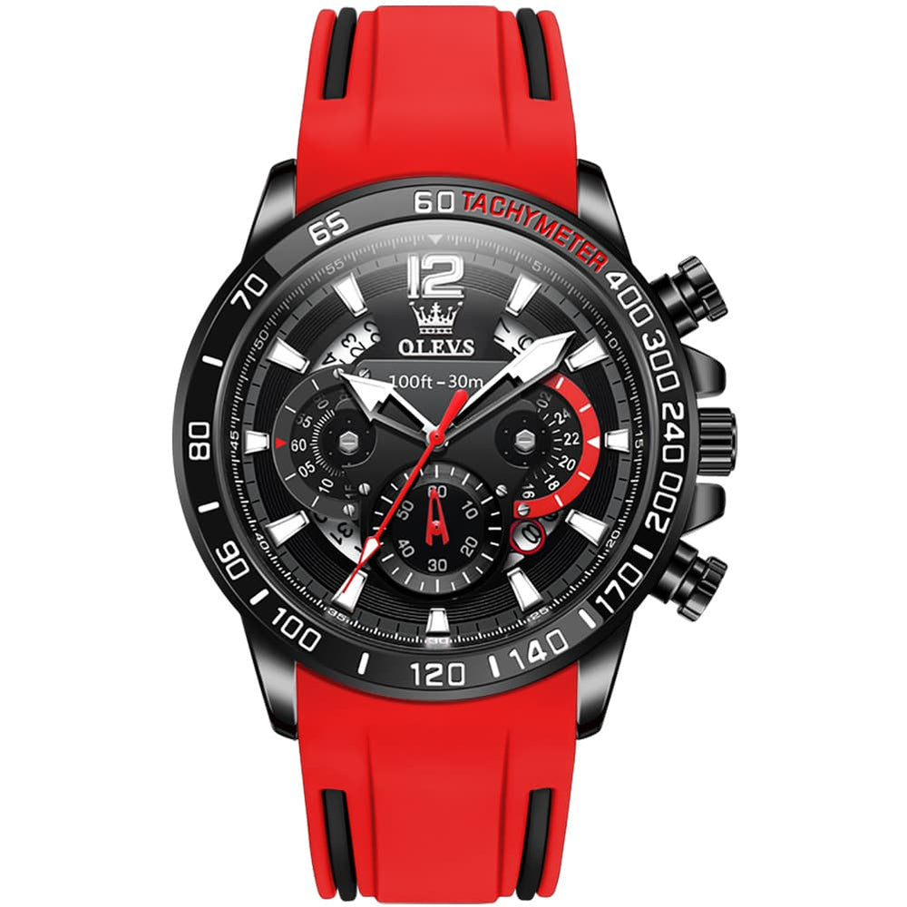 OLEVS 9936 Silicone Strap Racing Chronograph Watch for Men - Black Red Silicone Watch | Olevs Watch Store