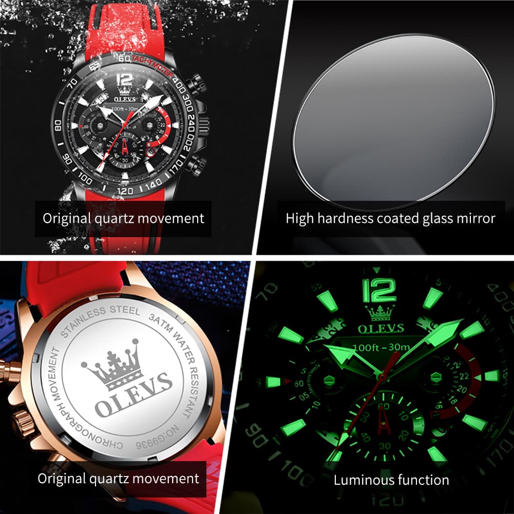 OLEVS 9936 Silicone Strap Racing Chronograph Watch for Men - Black Red Silicone Watch | Olevs Watch Store