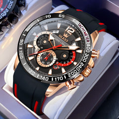 OLEVS 9936 Silicone Strap Racing Chronograph Watch for Men - Rose Gold Black Silicone Watch | Olevs Watch Store