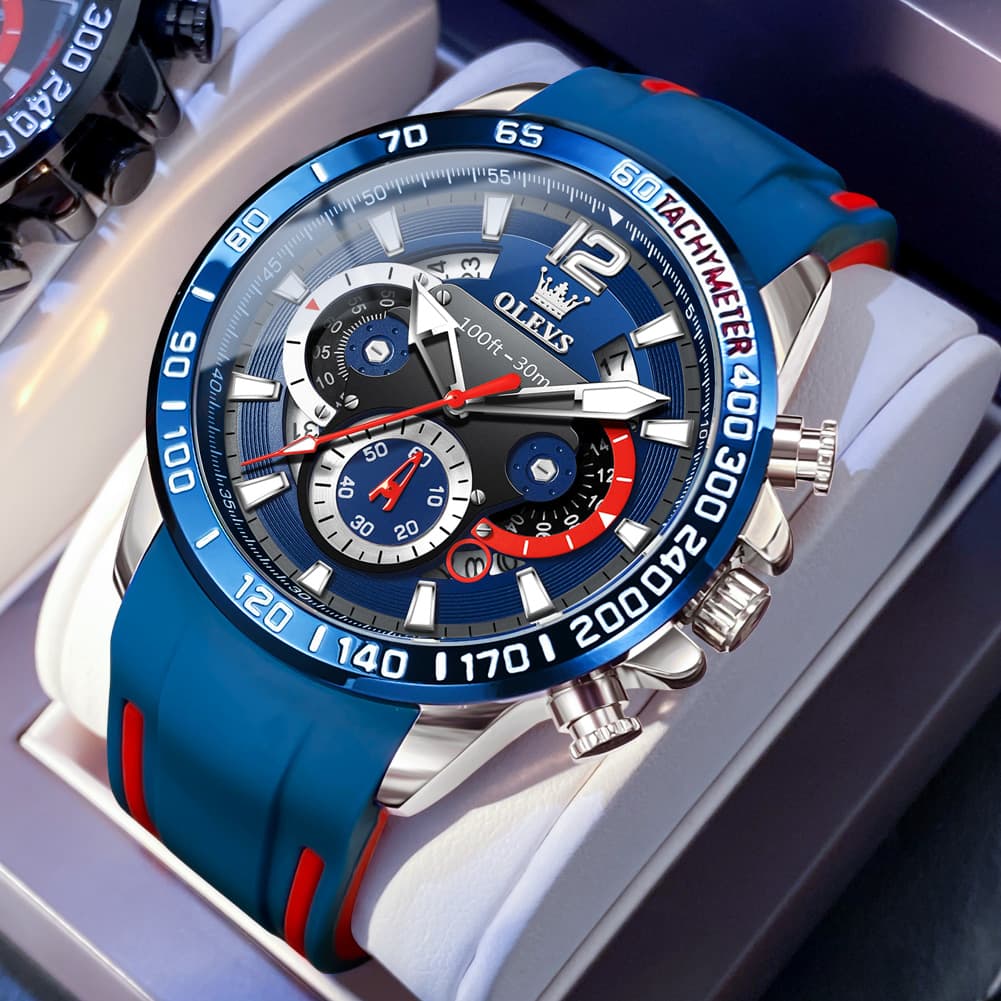 OLEVS 9936 Silicone Strap Racing Chronograph Watch for Men - Silver Blue Silicone Watch | Olevs Watch Store