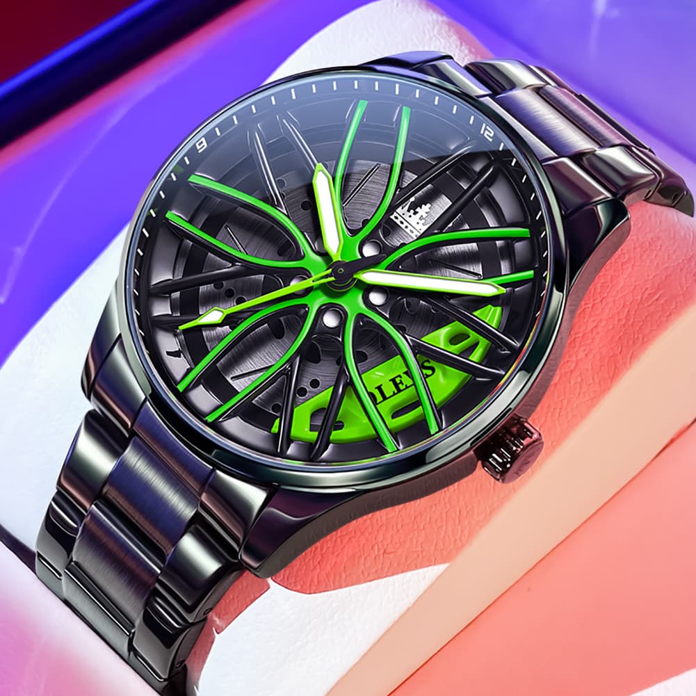 OLEVS 9937 Wheel Caliper Rim Racing Quartz Watch for Men - Neon Green Caliper Watch | Olevs Watch Store