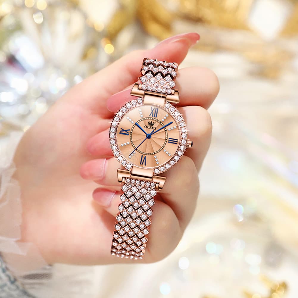 OLEVS 9942 Diamond Set Bracelet Rose Gold Watch for Women - Rose Gold with Roman numerals Watch | Olevs Watch Store