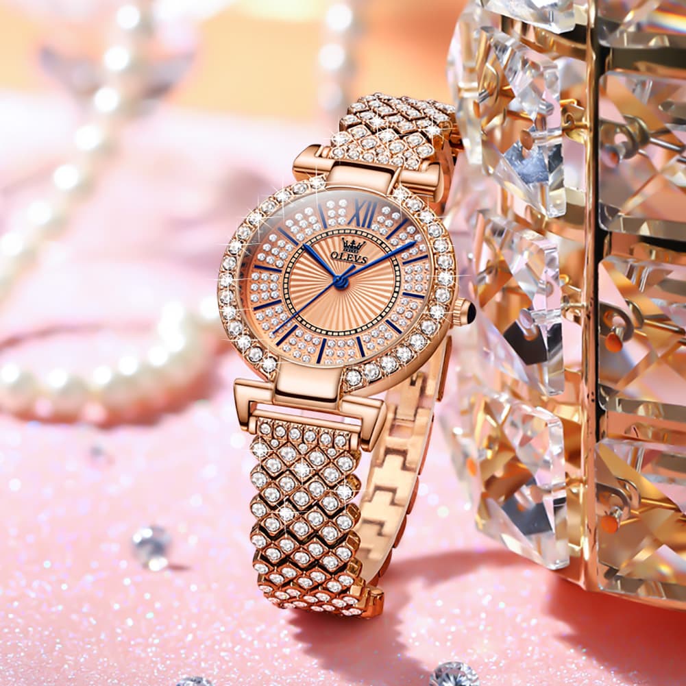 OLEVS 9942 Diamond Set Bracelet Rose Gold Watch for Women - Rose Gold with Roman numerals Watch | Olevs Watch Store
