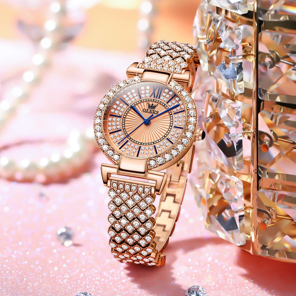 OLEVS 9942 Diamond Set Bracelet Rose Gold Watch for Women - Rose Gold with Roman numerals Watch | Olevs Watch Store