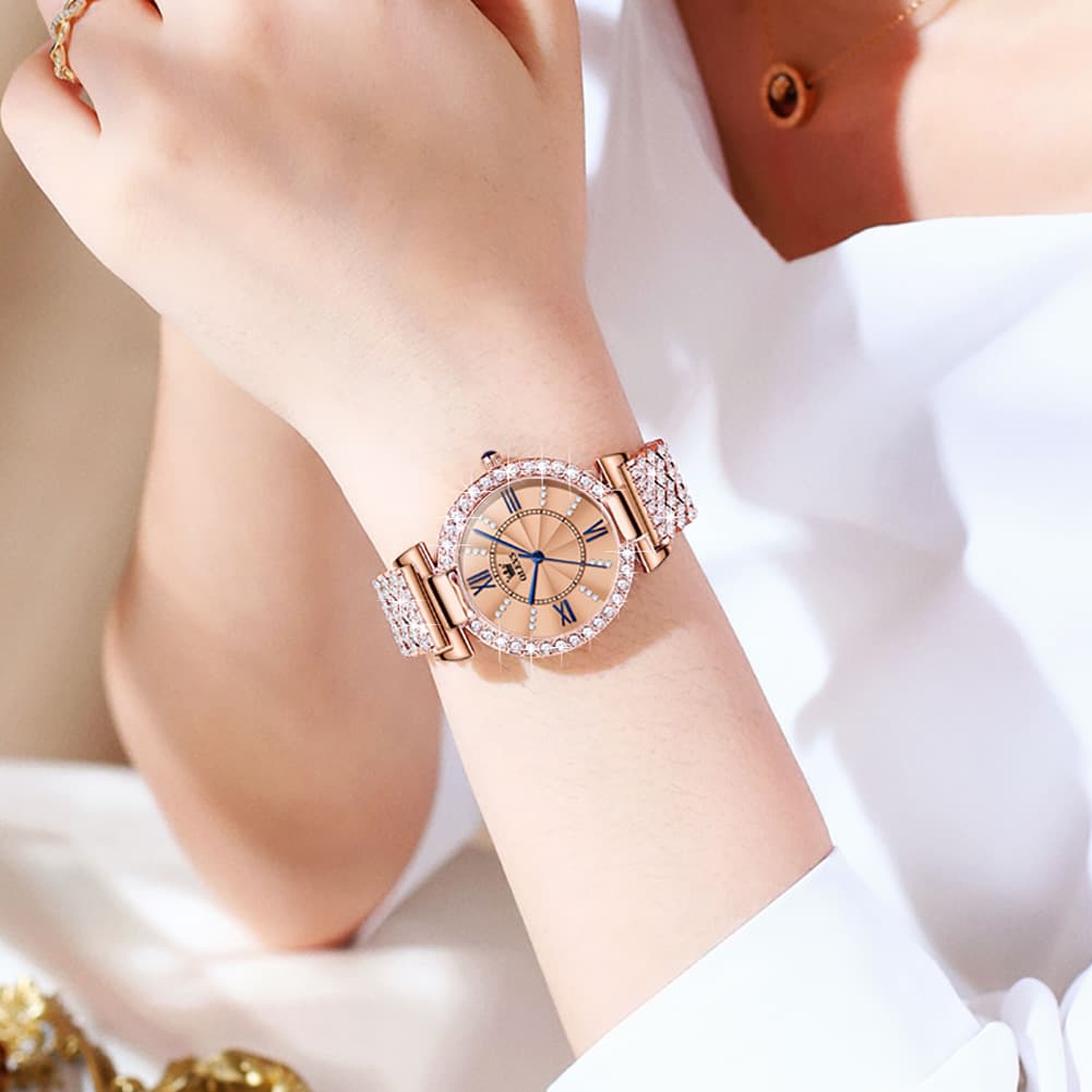 OLEVS 9942 Diamond Set Bracelet Rose Gold Watch for Women - Rose Gold with Roman numerals Watch | Olevs Watch Store