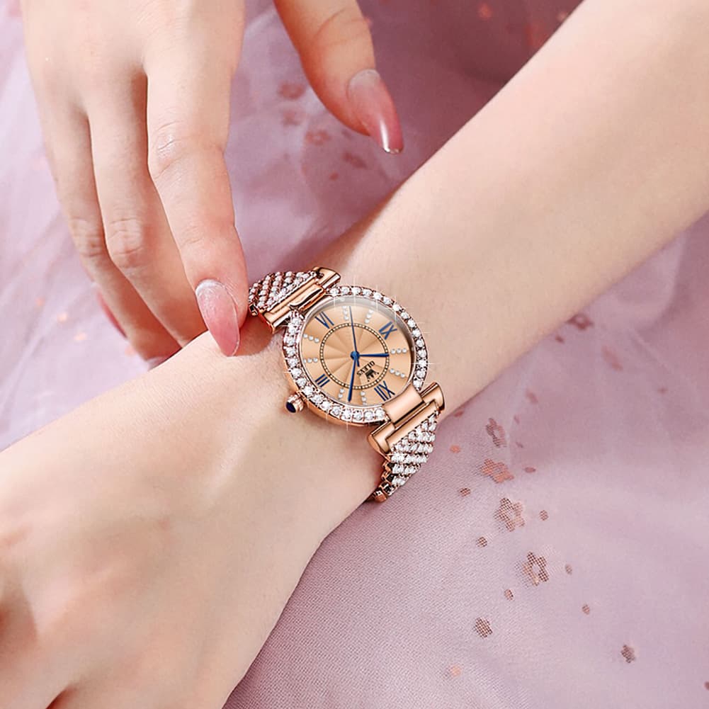 OLEVS 9942 Diamond Set Bracelet Rose Gold Watch for Women - Rose Gold with Roman numerals Watch | Olevs Watch Store