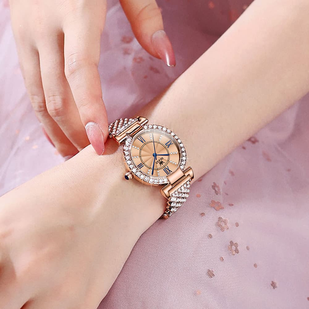 OLEVS 9942 Diamond Set Bracelet Rose Gold Watch for Women - Rose Gold with Roman numerals Watch | Olevs Watch Store